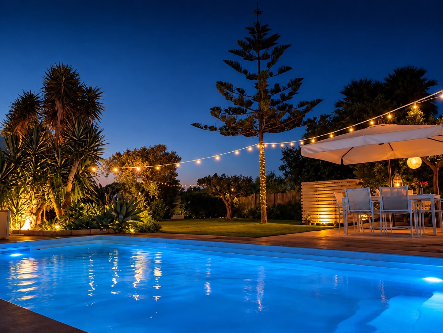 The illuminated pool and outdoor dining area at night